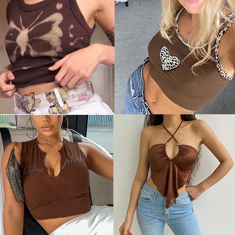 2021 Vintage Brown Halter Camisole Hollow Out Cyber Y2k Crop Top Women Gothic Sexy Aesthetic Fairy Corset Tank Camis 90s Clothes - Image 2