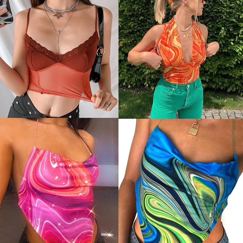 2021 Vintage Brown Halter Camisole Hollow Out Cyber Y2k Crop Top Women Gothic Sexy Aesthetic Fairy Corset Tank Camis 90s Clothes - Image 4
