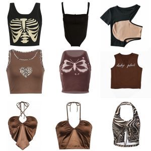 2021 Vintage Brown Halter Camisole Hollow Out Cyber Y2k Crop Top Women Gothic Sexy Aesthetic Fairy Corset Tank Camis 90s Clothes