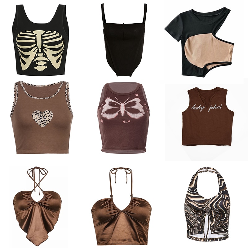 2021 Vintage Brown Halter Camisole Hollow Out Cyber Y2k Crop Top Women Gothic Sexy Aesthetic Fairy Corset Tank Camis 90s Clothes