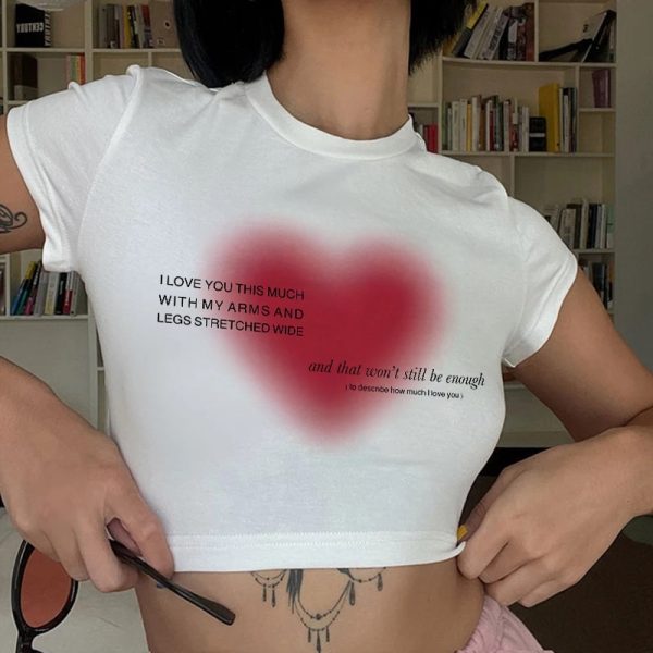 Aesthetic Heart print women T-shirt anime letter kawaii 90's crop tops Summer short sleeve Tees kpop streetwear y2k clothes lady - Image 2