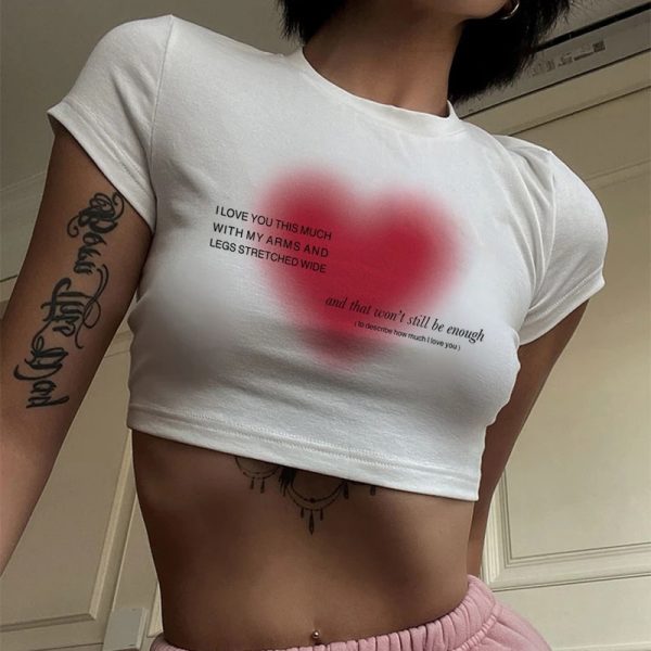 Aesthetic Heart print women T-shirt anime letter kawaii 90's crop tops Summer short sleeve Tees kpop streetwear y2k clothes lady - Image 3