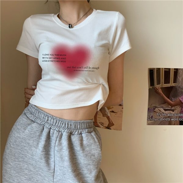 Aesthetic Heart print women T-shirt anime letter kawaii 90's crop tops Summer short sleeve Tees kpop streetwear y2k clothes lady - Image 4