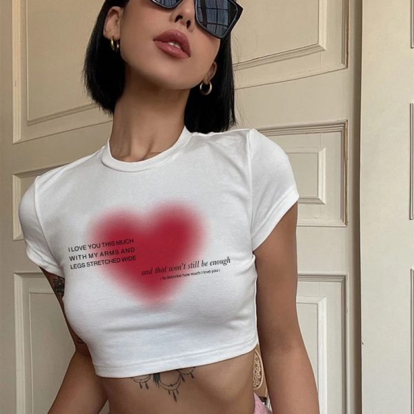 Aesthetic Heart print women T-shirt anime letter kawaii 90's crop tops Summer short sleeve Tees kpop streetwear y2k clothes lady