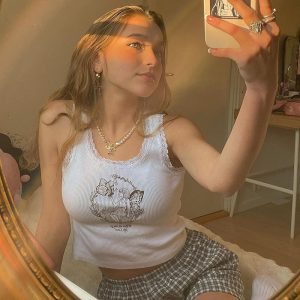 Cartoon Printed Lace Trim White Crop Top Fairy Grunge Summer Clothes for Women Cute Slim Fit Ribbed Tank Tops