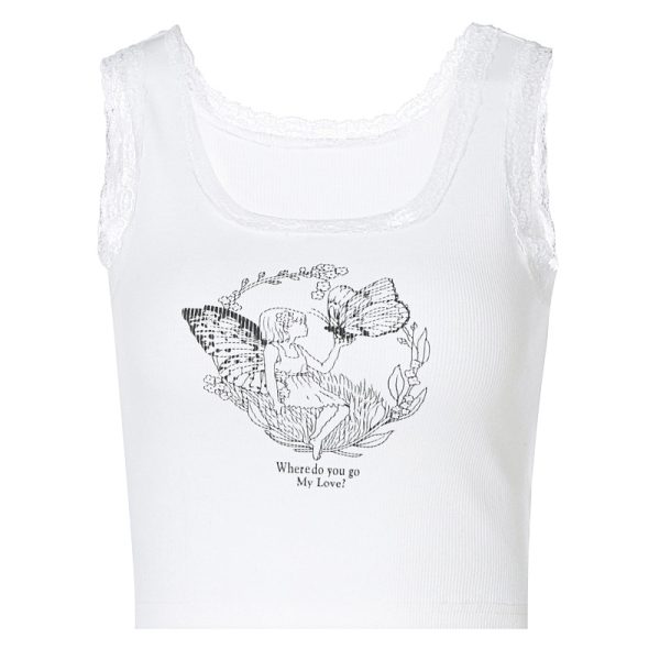 Cartoon Printed Lace Trim White Crop Top Fairy Grunge Summer Clothes for Women Cute Slim Fit Ribbed Tank Tops - Image 6