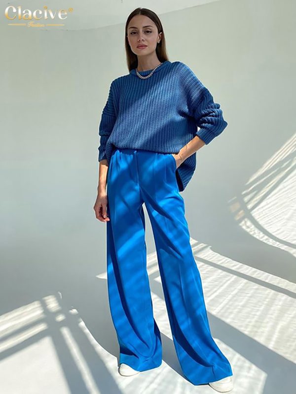Clacive Blue Office Women'S Pants 2021 Fashion Loose Full Length Ladies Trousers Casual High Waist Wide Pants For Women - Image 2