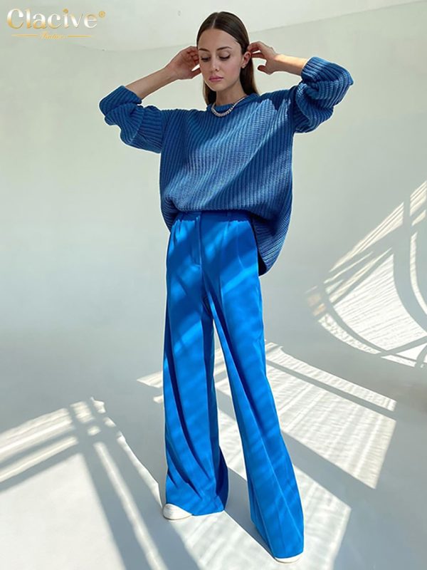 Clacive Blue Office Women'S Pants 2021 Fashion Loose Full Length Ladies Trousers Casual High Waist Wide Pants For Women - Image 3