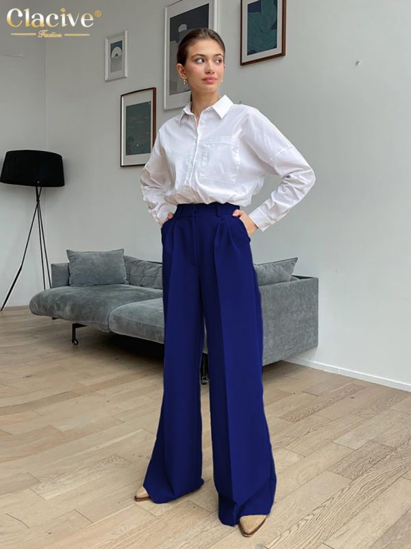 Clacive Blue Office Women'S Pants 2021 Fashion Loose Full Length Ladies Trousers Casual High Waist Wide Pants For Women - Image 4