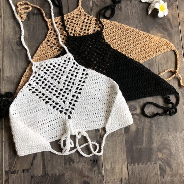 Female Push Up Swimwear Summer Sexy Bikini Top Knitted Swimsuit Girl Hollow Bra Crop Top Fashion Bather Bikini Set Woman Clothes