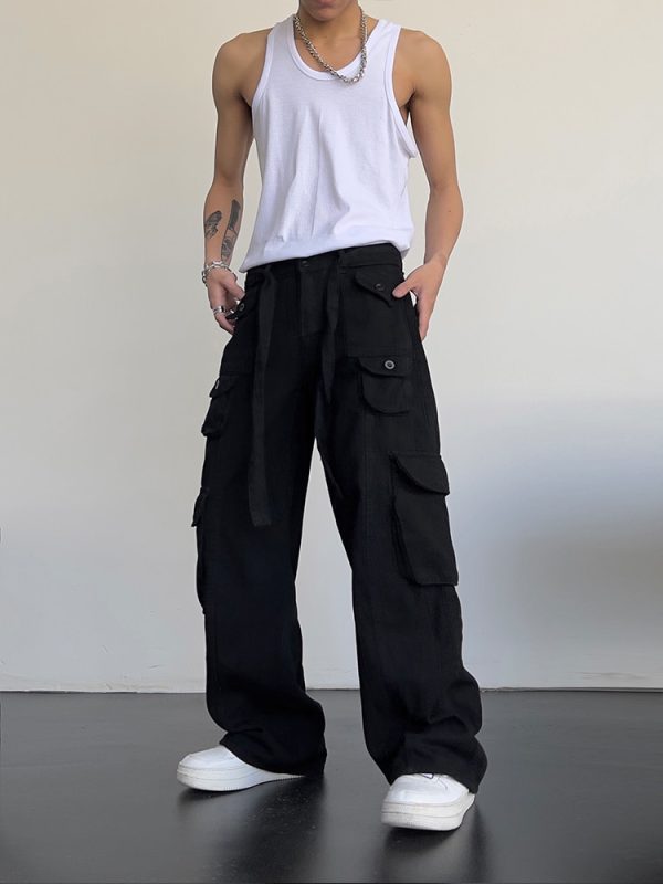 High street retro casual large pocket overalls men's and women's new summer high waist loose straight tube draped wide leg pants - Image 2