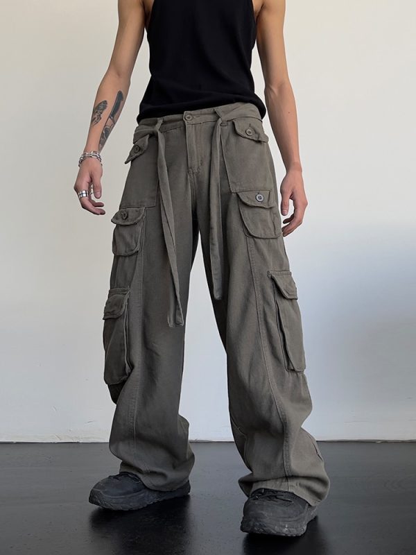 High street retro casual large pocket overalls men's and women's new summer high waist loose straight tube draped wide leg pants - Image 3