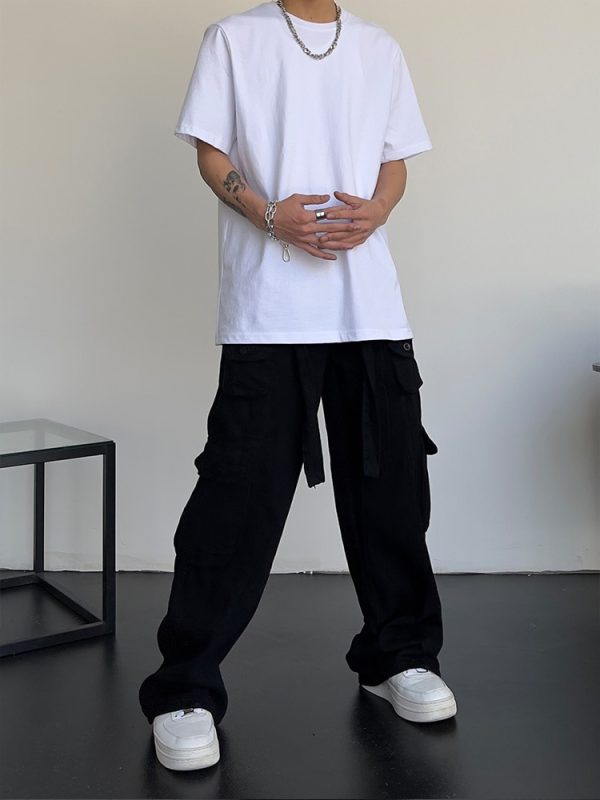High street retro casual large pocket overalls men's and women's new summer high waist loose straight tube draped wide leg pants - Image 4
