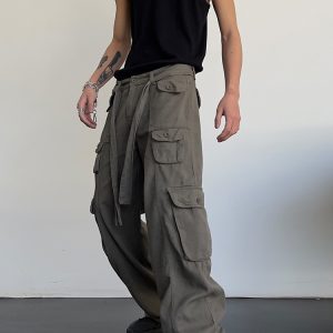 High street retro casual large pocket overalls men's and women's new summer high waist loose straight tube draped wide leg pants