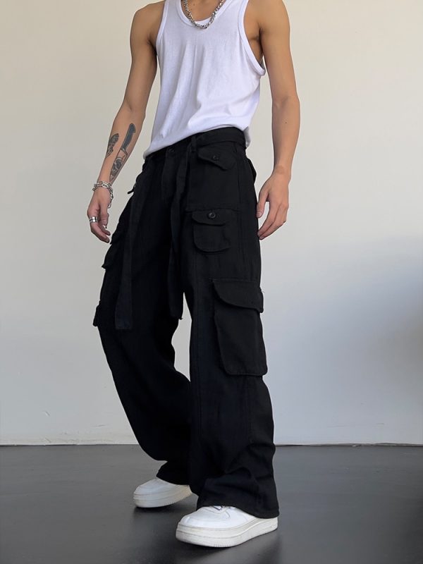 High street retro casual large pocket overalls men's and women's new summer high waist loose straight tube draped wide leg pants - Image 5