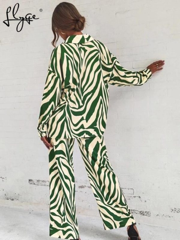 Loose Stripe Women Shirt Pants Two Piece Set Elegant Long Sleeve Top And Elastic High Waist Trousers Suit Spring Trouser Suits - Image 2