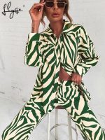 Loose Stripe Women Shirt Pants Two Piece Set Elegant Long Sleeve Top And Elastic High Waist Trousers Suit Spring Trouser Suits