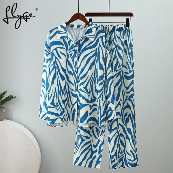 Loose Stripe Women Shirt Pants Two Piece Set Elegant Long Sleeve Top And Elastic High Waist Trousers Suit Spring Trouser Suits - Image 4