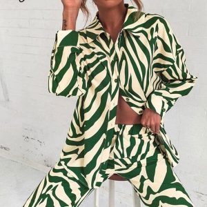 Loose Stripe Women Shirt Pants Two Piece Set Elegant Long Sleeve Top And Elastic High Waist Trousers Suit Spring Trouser Suits