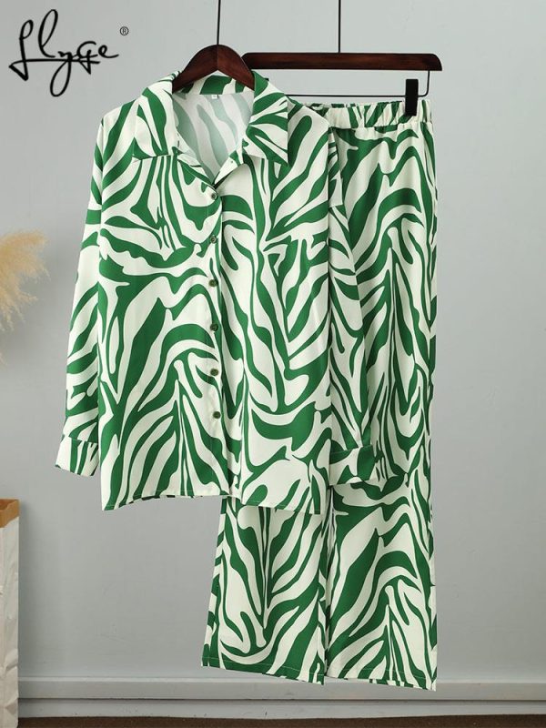 Loose Stripe Women Shirt Pants Two Piece Set Elegant Long Sleeve Top And Elastic High Waist Trousers Suit Spring Trouser Suits - Image 5