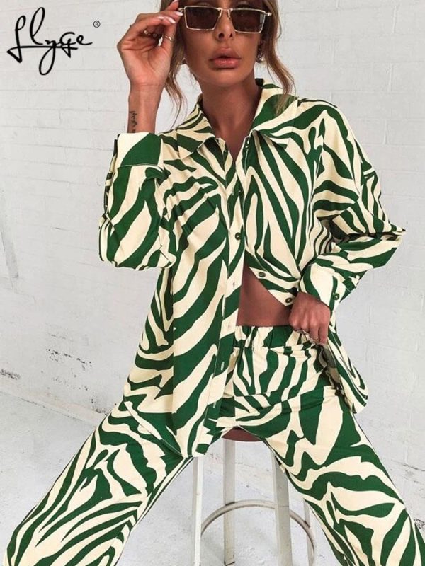 Loose Stripe Women Shirt Pants Two Piece Set Elegant Long Sleeve Top And Elastic High Waist Trousers Suit Spring Trouser Suits