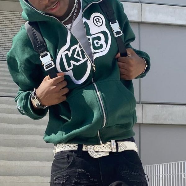 Men Letter Print Hoodies Winter Zip Up Long Sleeve Oversized Jacket Coats Harajuku Gothic Hooded Sweatshirts Y2K Teen Clothes - Image 2