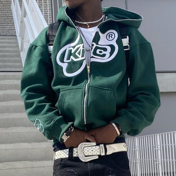 Men Letter Print Hoodies Winter Zip Up Long Sleeve Oversized Jacket Coats Harajuku Gothic Hooded Sweatshirts Y2K Teen Clothes