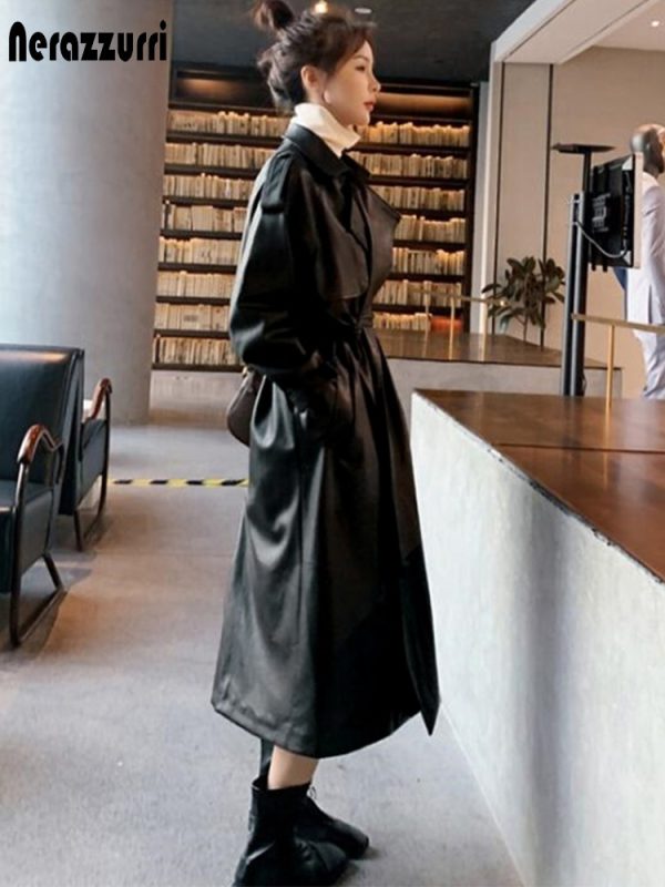 Nerazzurri Spring Black Oversized Long Waterproof Leather Trench Coat for Women 2021 Long Sleeve Loose Korean Fashion Clothing - Image 2