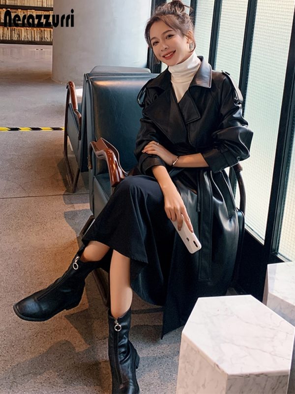 Nerazzurri Spring Black Oversized Long Waterproof Leather Trench Coat for Women 2021 Long Sleeve Loose Korean Fashion Clothing - Image 3