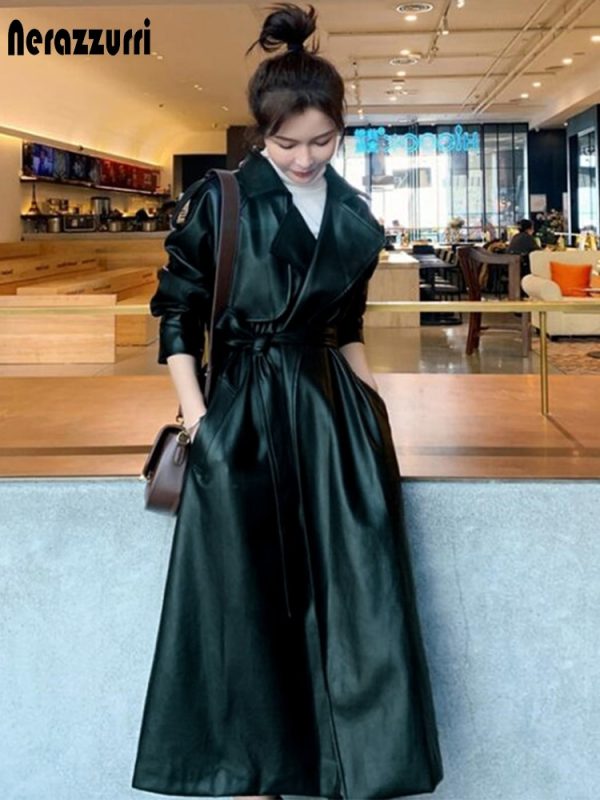 Nerazzurri Spring Black Oversized Long Waterproof Leather Trench Coat for Women 2021 Long Sleeve Loose Korean Fashion Clothing - Image 4