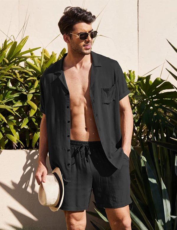 Summer Cotton Linen Shirt Set Men's Casual Outdoor 2-Piece Suit Andhome Clothes Pajamas Comfy Breathable Beach Short Sleeve Sets - Image 4