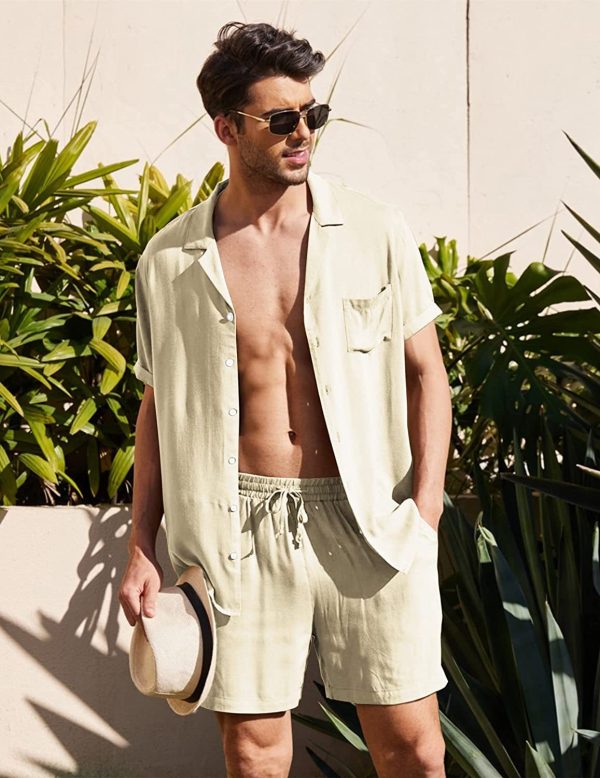 Summer Cotton Linen Shirt Set Men's Casual Outdoor 2-Piece Suit Andhome Clothes Pajamas Comfy Breathable Beach Short Sleeve Sets - Image 5