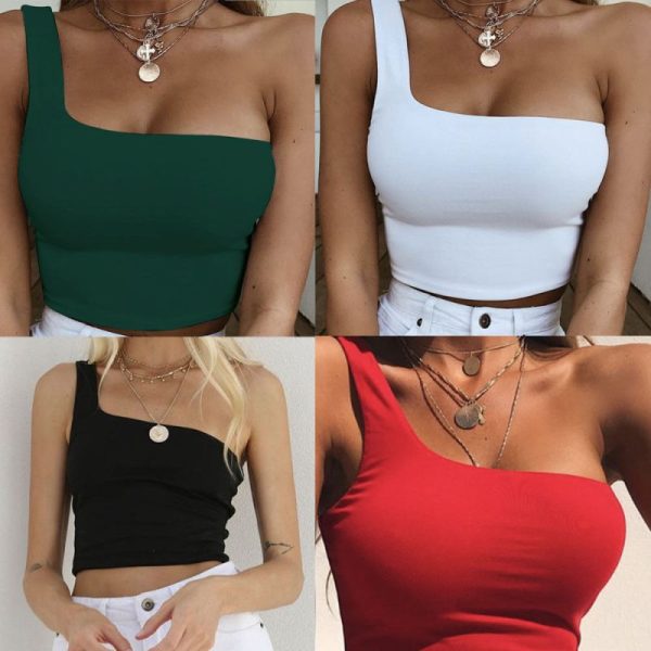 Women Lady Female One Shoulder Crop Tops Sleeveless T-Shirt Tank Tops Summer Beach Vest Bare Midriff Summer Fashion Clothes - Image 6
