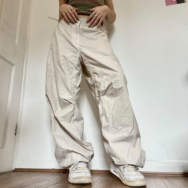 Women Solid Joggers Tech Pants Autumn Low Waist Punk Hip Hop Baggy Trousers Streetwear Casual Drawstring Wide Leg Cargo Pants - Image 3
