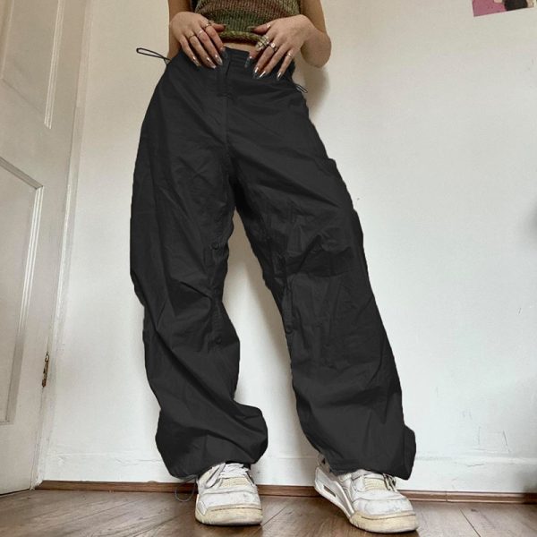 Women Solid Joggers Tech Pants Autumn Low Waist Punk Hip Hop Baggy Trousers Streetwear Casual Drawstring Wide Leg Cargo Pants - Image 4