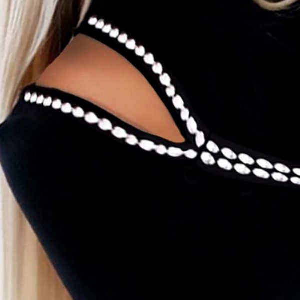 Womens Bandage T-shirts Fall Winter 2022 y2k Clothes Long Sleeve Hollow Out Patchwork Fashion Sexy Off Shoulder Plain Tops - Image 4