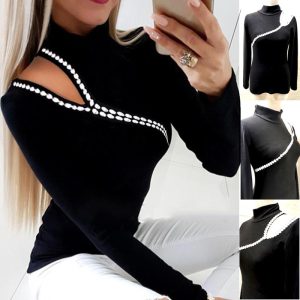 Womens Bandage T-shirts Fall Winter 2022 y2k Clothes Long Sleeve Hollow Out Patchwork Fashion Sexy Off Shoulder Plain Tops